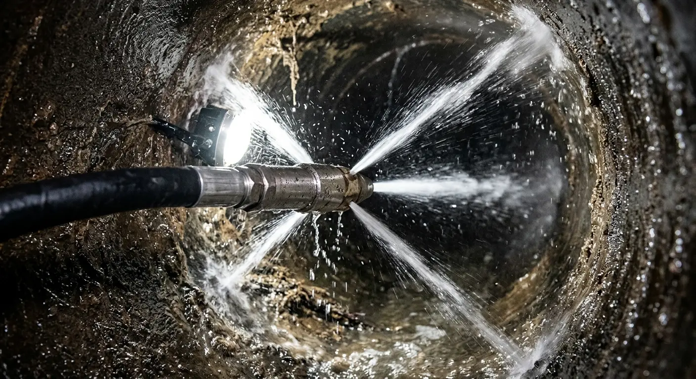 High-pressure hydro jetting nozzle cleaning sewer pipe for Emergency Drain Service in Monroeville