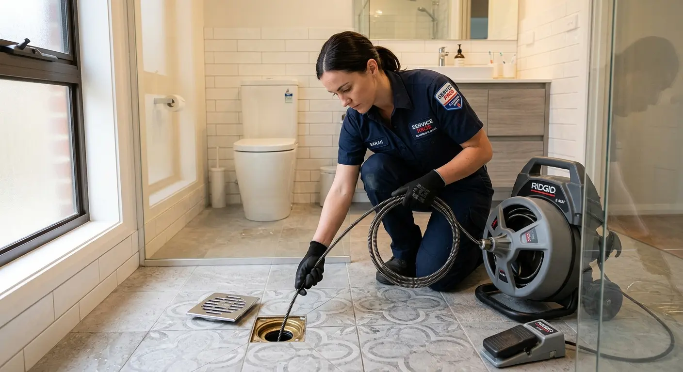 Technician clearing a bathroom floor drain for Hydro Jetting in Monroeville